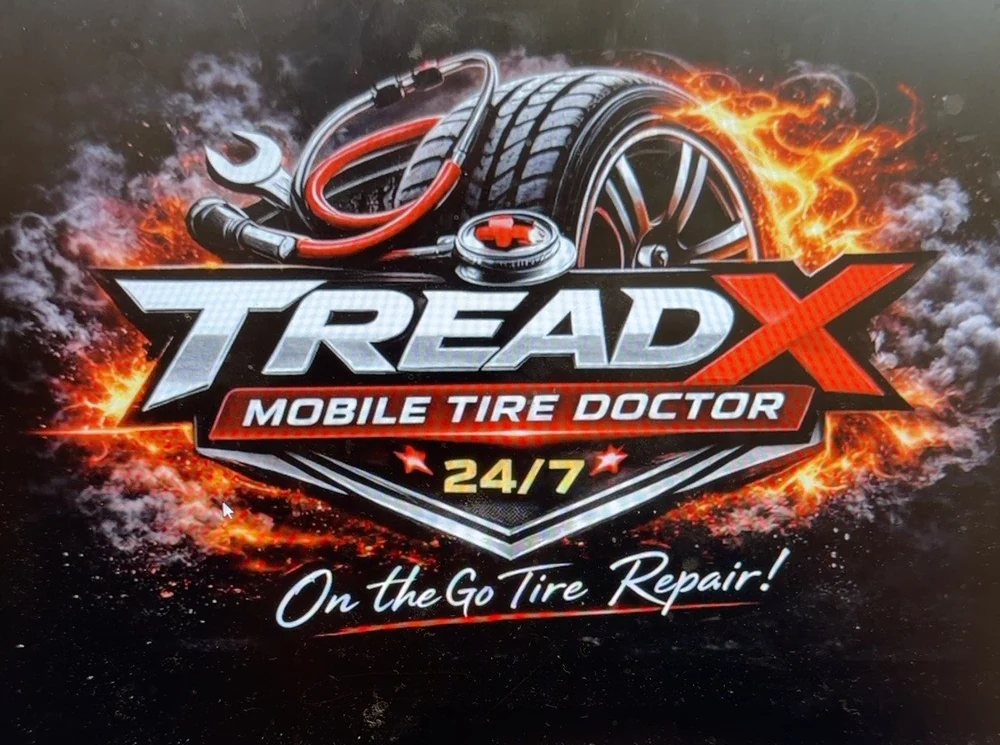 TreadX Mobile Tire Doctor logo featuring a wheel and fiery red design